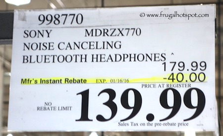 Sony Wireless Noise Canceling Headphones Model #MDRZX770 Costco Price