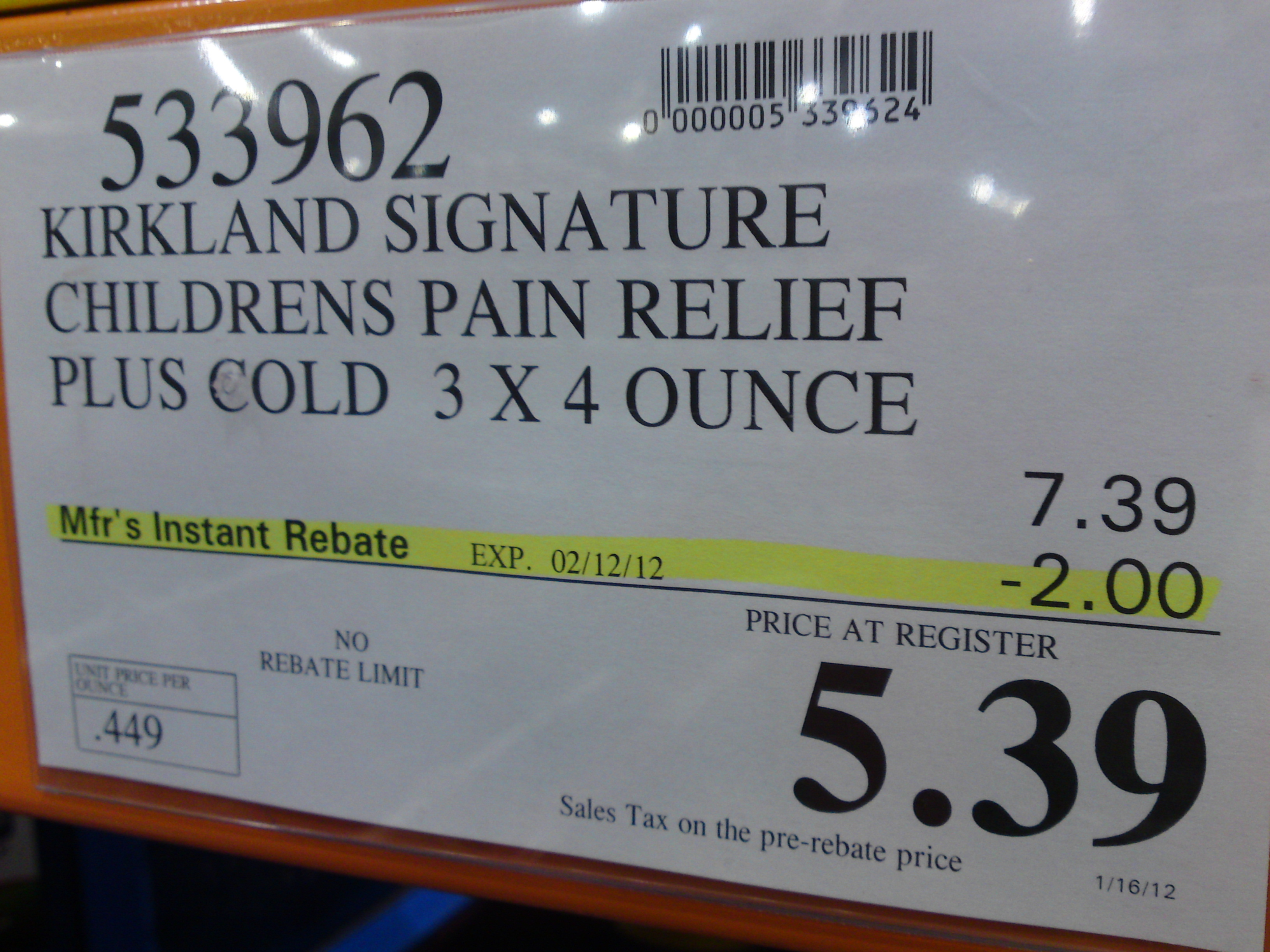 Kirkland Signature Children’s Pain Relief Plus MultiSymptom Cold Price