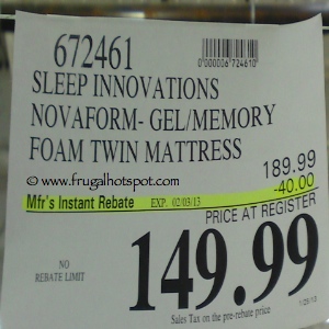 Sleep Innovations Novaform Gel Memory Foam Twin Mattress Costco Price