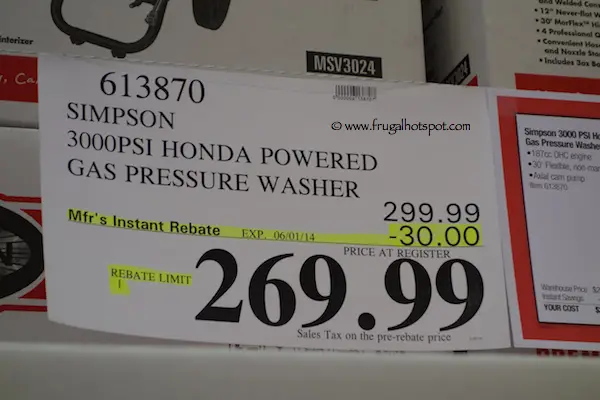 Simpson 3000 PSI Honda-Powered Gas Pressure Washer Costco Price