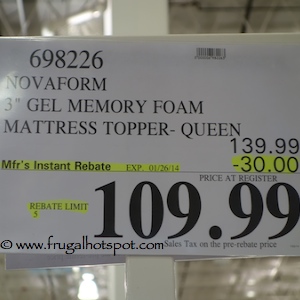 Novaform 3" Gel Memory Foam Mattress Topper Costco Price
