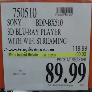 Sony BDPBX510 BluRay Player with WiFi Streaming Costco Price