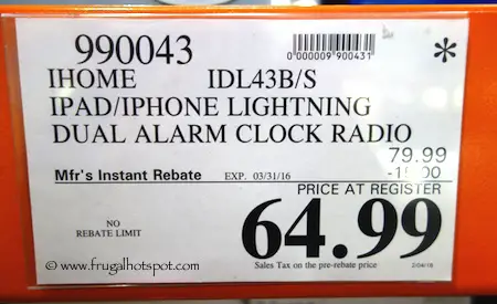 iHome iPad/iPhone Lightning Dual Alarm Clock Radio (IDL43B/S) Costco Price