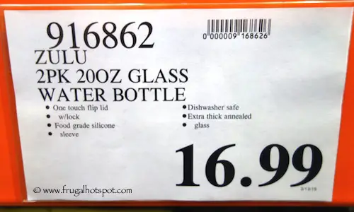 Zulu 20 oz Glass Water Bottle 2 Pack Costco Price