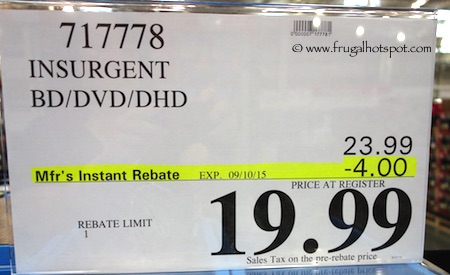 The Divergent Series: Insurgent Blu-ray 3D + Blu-ray + DVD + Digital HD Costco Price