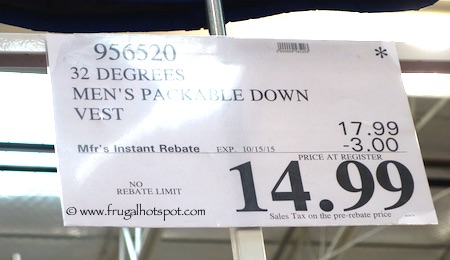 32 Degrees Men's Packable Down Vest Costco Price