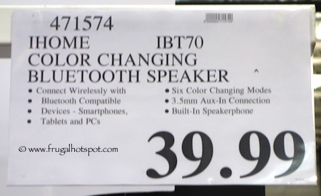 iHome Wireless Color Changing Bluetooth Speaker iBT70 Costco Price