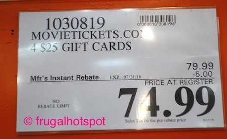 MovieTickets.com 4/$25 Gift Cards Costco Price | Frugal Hotspot