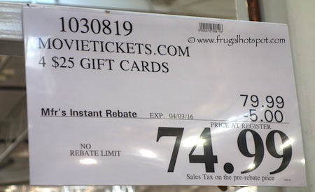 MovieTickets.com 4/$25 Gift Cards Costco Price