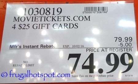 MovieTickets.com 4/$25 Gift Cards Costco Price | Frugal Hotspot