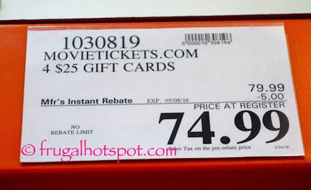 MovieTickets.com 4/$25 Gift Cards Costco Price | Frugal Hotspot