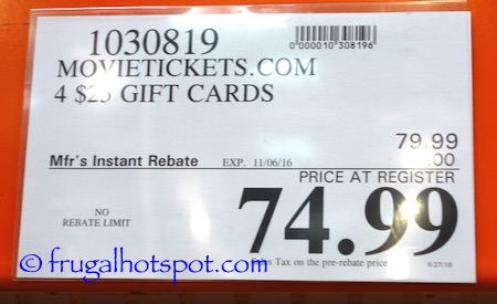 MovieTickets.com 4/$25 Gift Cards Costco Price | Frugal Hotspot