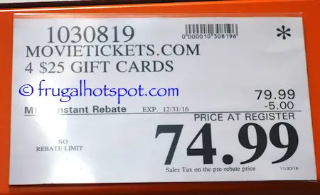 MovieTickets.com 4/$25 Gift Cards Costco Price | Frugal Hotspot