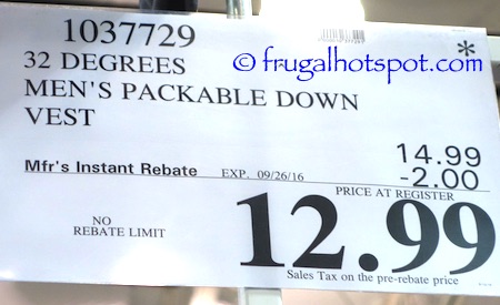 32 Degrees Men's Packable Down Vest Costco Price | Frugal Hotspot