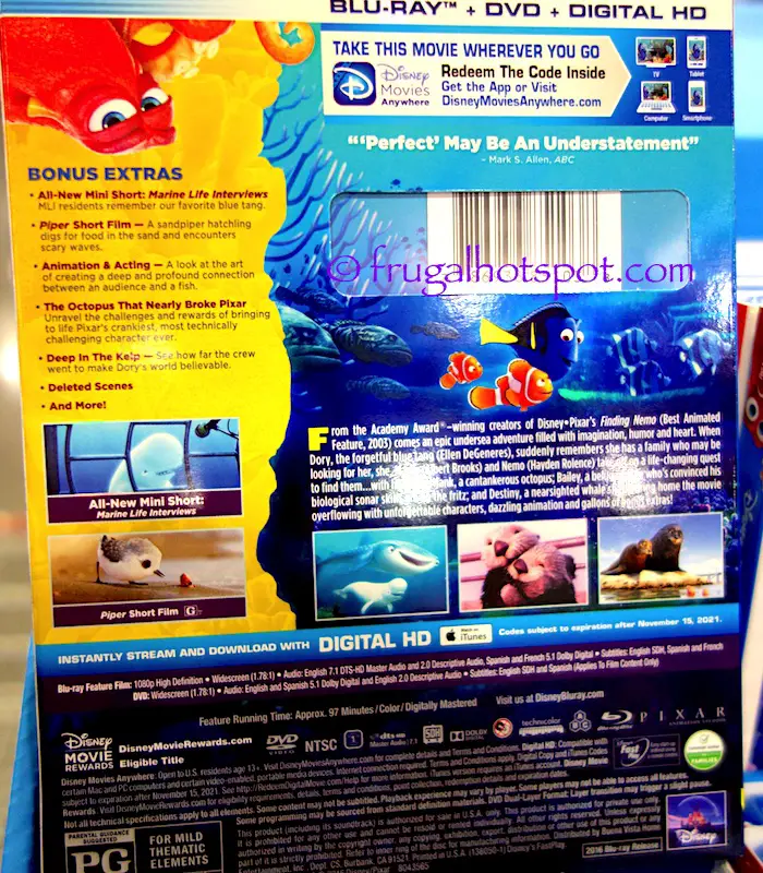 Disney Pixar Finding Dory Blu-ray + DVD + Digital HD | Costco | Frugal Hotspot