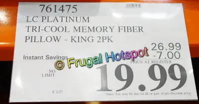 LC (Live Comfortably) Platinum Tri-Cool Memory Fiber Pillow King Size | Costco Sale Price