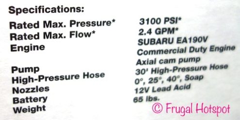 Specs of PowerStroke Subaru Powered Gas Pressure Washer at Costco