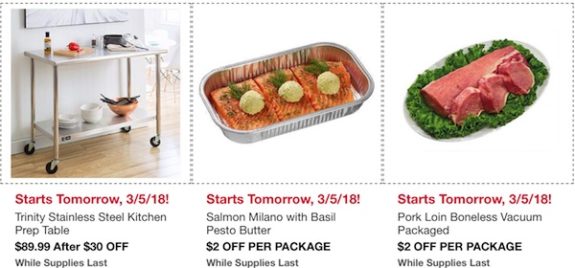 Costco In-Warehouse Hot Buys: Starts March 5, 2018: Trinity Stainless Steel Kitchen Prep Table, Salmon Milano with Basil Pesto Butter, Pork Loin Boneless Vacuum Packaged