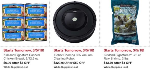 Costco In-Warehouse Hot Buys: Starts March 5, 2018: Kirkland Signature Canned Chicken Breast, iRobot Roomba 805 Vacuum Cleaning Robot, Kirkland Signature 21-25 ct Raw Shrimp 2 lbs