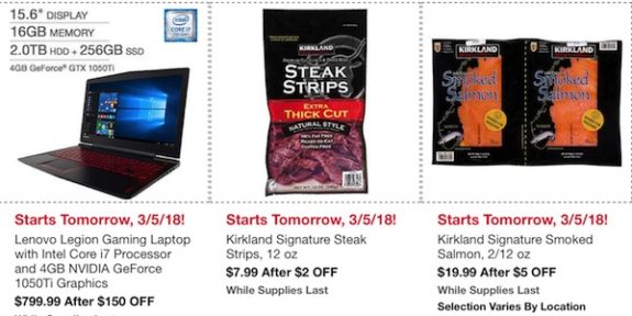 Costco In-Warehouse Hot Buys: Starts March 5, 2018: Lenovo Legion Gaming Laptop, Kirkland Signature Steak Strips 12 oz, Kirkland Signature Smoked Salmon 2/12 oz