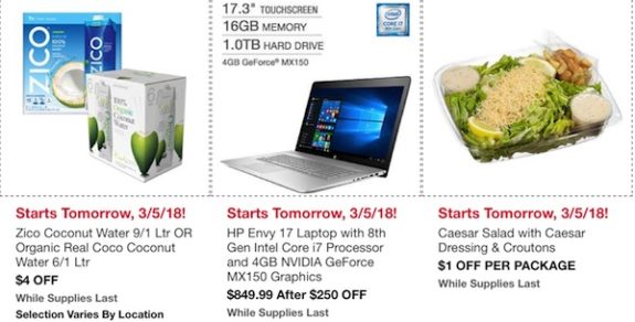 Costco In-Warehouse Hot Buys: Starts March 5, 2018: Zico Coconut Water, HP Envy 17 Laptop, Caesar Salad with Dressing and Croutons