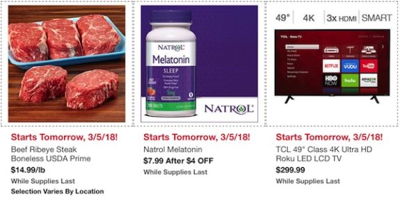 Costco In-Warehouse Hot Buys: Starts March 5, 2018: Beef Ribeye Steak Boneless USDA PRime, Natrol Melatonin, TCL 49" Class 4K Ultra HD Roku LED LCD TV