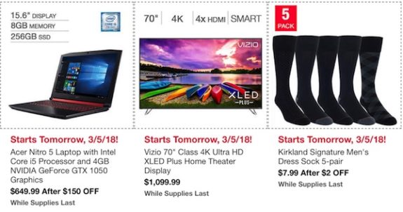 Costco In-Warehouse Hot Buys: Starts March 5, 2018: Acer Nitro 5 Laptop, Vizio 70" Class 4kUltra HD XLED Plus Home Theater, Kirkland Signature Men's Dress Sock 5-pair