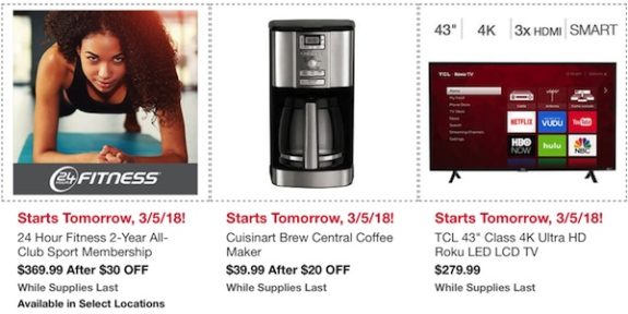 Costco In-Warehouse Hot Buys: Starts March 5, 2018: 24 Hour Fitness 2-Year All Club Sport membership, Cuisinart Brew Central Coffee Maker, TCL 43" Class 4K Ultra HD Roku LED LCD TV