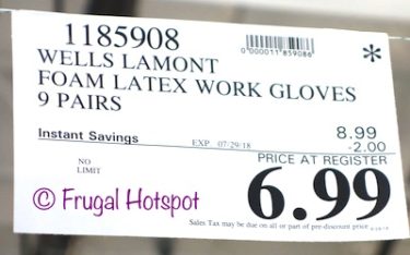 Costco price: Wells Lamont Foam Latex Work Gloves 9-Pairs