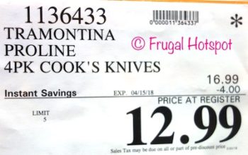 Costco Price:  Tramontina ProLine 4-Pack Cook's Knives