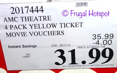AMC Theatre 4-Pack Yellow Ticket Movie Vouchers. Costco Price