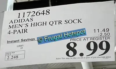 Adidas Men's Performance High Quarter Socks | Costco Sale Price | Item 1172648