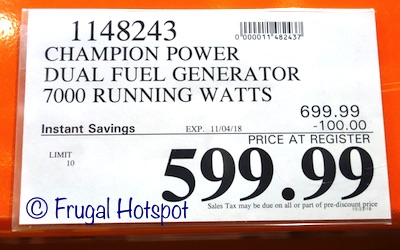 Champion Dual Fuel Generator 7000 Running Watts | Costco Sale Price