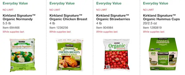 Costco ORGANIC Coupon Book: February 25, 2019 - March 10, 2019. Kirkland Signature Organic Frozen Normandy Vegetables, Kirkland Signature Organic Frozen Chicken Breast, Kirkland Signature Organic Frozen Strawberries, Kirkland Signature Organic Hummus Cups