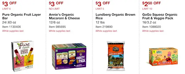 Costco ORGANIC Coupon Book: February 25, 2019 - March 10, 2019. Pure Organic Fruit Layer Bar, Annie's Organic Macaroni & Cheese, Lundberg Organic Brown Rice, GoGo Squeez Organic Fruit & Veggie Pack