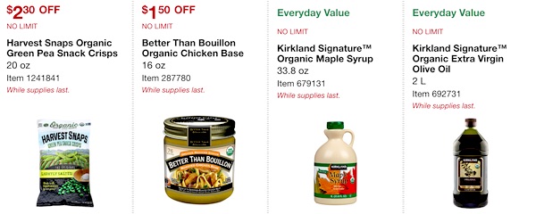 Costco ORGANIC Coupon Book: February 25, 2019 - March 10, 2019. Harvest Snaps Organic Green Pea Snack Crisps, Better Than Bouillon Organic Chicken Base, Kirkland Signature Organic Maple Syrup, Kirkland Signature Organic Extra Virgin Olive Oil