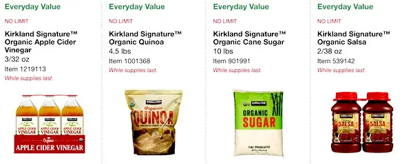 Costco ORGANIC Coupon Book: February 25, 2019 - March 10, 2019. Kirkland Signature Organic Apple Cider Vinegar, Kirkland Signature Organic Quinoa, Kirkland Signature Organic Cane Sugar, Kirkland Signature Organic Salsa