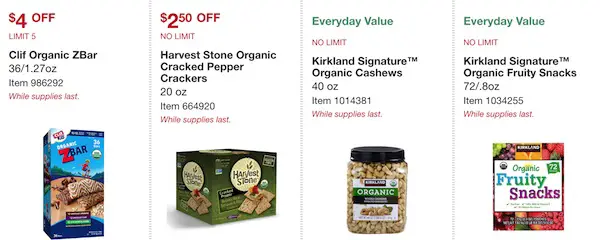 Costco ORGANIC Coupon Book: February 25, 2019 - March 10, 2019. Clif Organic ZBar, Harvest Stone Organic Cracked Pepper Crackers, Kirkland Signature Organic Cashews, Kirkland Signature Organic Fruity Snacks