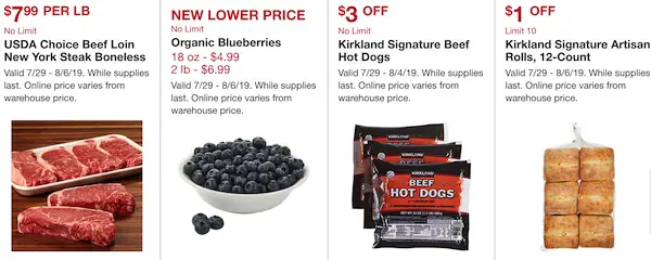Costco Hot Buys July 2019 : NY steak, organic blueberries, Kirkland Signature Beef Hot Dogs, artisan rolls