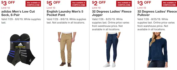 Costco Hot Buys July 2019: Adidas men's socks, English Laundry Mens Pant, 32 degrees ladies fleece jogger, pullover