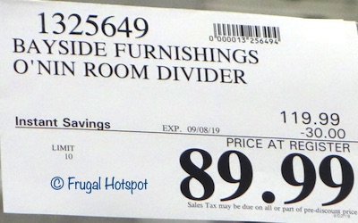 Bayside Furnishings O'nin Room Divider Costco Sale Price