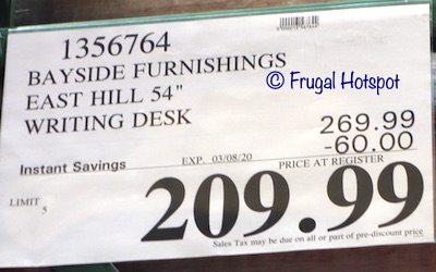 Bayside Furnishings East Hill 54 Writing Desk Costco Sale Price