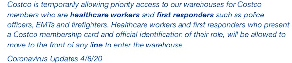 Costco's healthcare worker and first responder policy April 2020