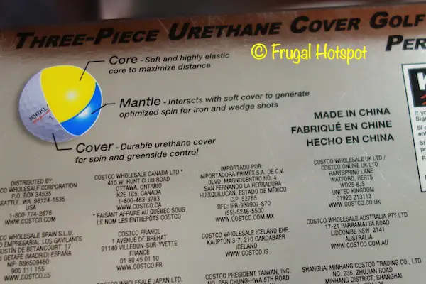 Kirkland Signature Three-Piece Urethane Cover Golf Ball v2.0 Performance+ details | Costco
