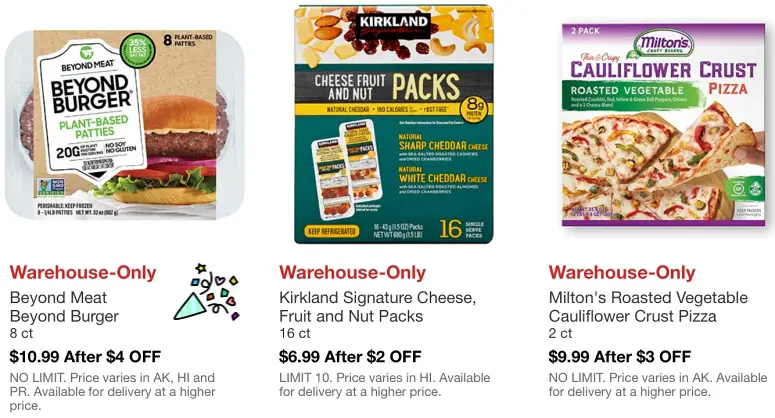 Costco Hot Buys March 2021 | Beyond Meat Beyond Burger, Kirkland Signature Cheese Fruit and Nut Packs, Miltons Roasted Vegetable Cauliflower Crust Pizza