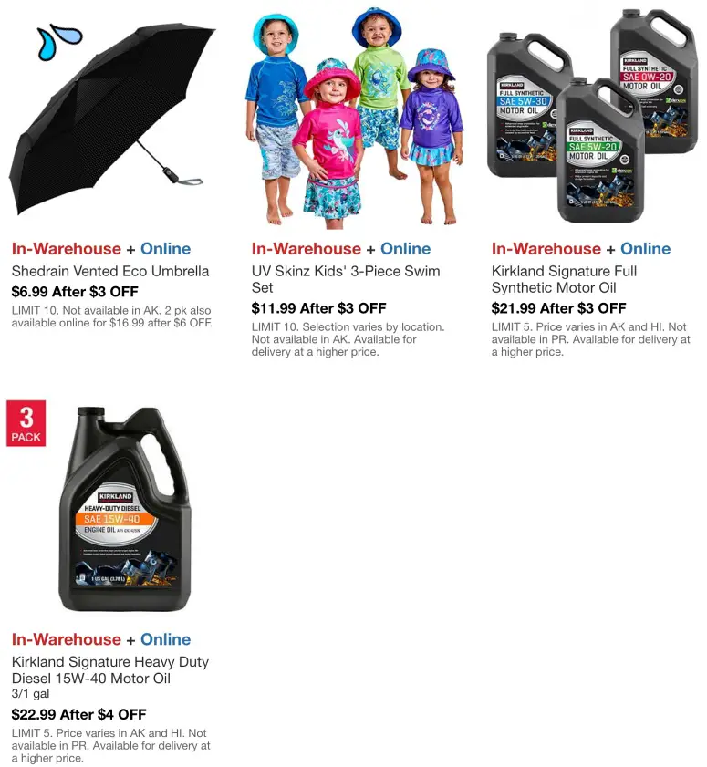 Costco Hot Buys March 2021 | Shedrain Umbrella, UV Skinz Kids Swim Set, Kirkland Signature Motor Oil