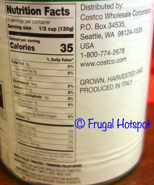 Kirkland Signature San Marzano Tomato with Basil Leaf Nutrition facts | Costco