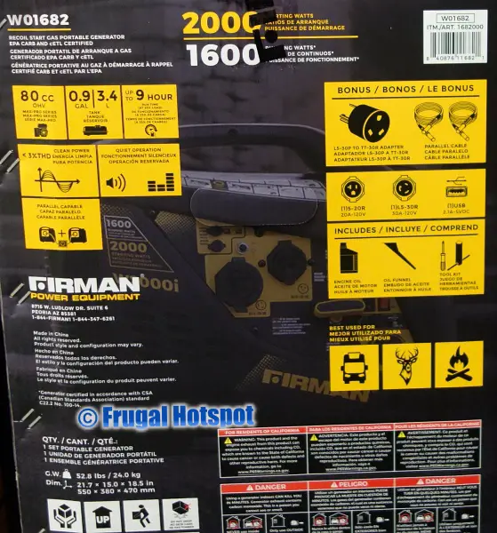 Firman Inverter Generator 2000:1600W details | Costco