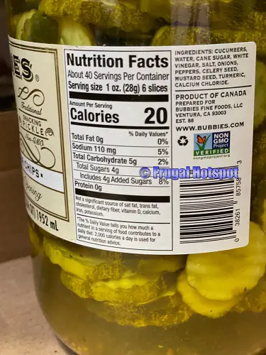 Bubbies Bread and Butter Pickles Chips Nutrition Facts | Costco I