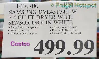 Samsung 7.4 Cu Ft Dryer (DVE45T3400W) | Costco Price